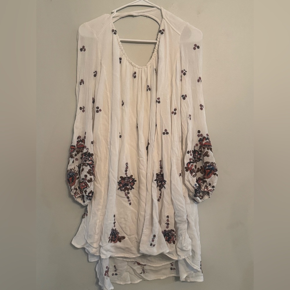 Free People Embroidered Boho Mini Dress White Long Sleeve Keyhole Small